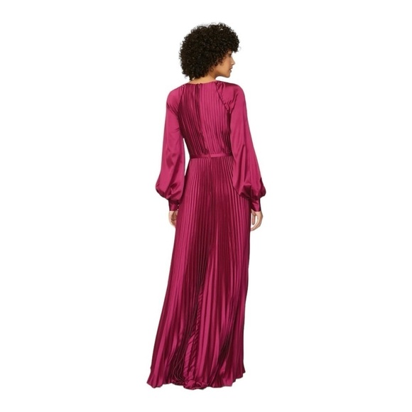 leena for Mac Duggal Pleated Long Sleeve Satin A-Line Gown in Berry NWT - Picture 5 of 11